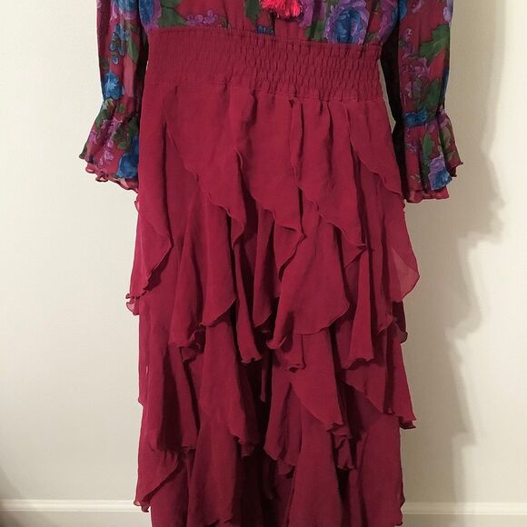 Vintage Maroon Bohemian Hippie Whimsygoth Romantic Dark Fairy Silk Maxi Dress OS - Picture 9 of 12